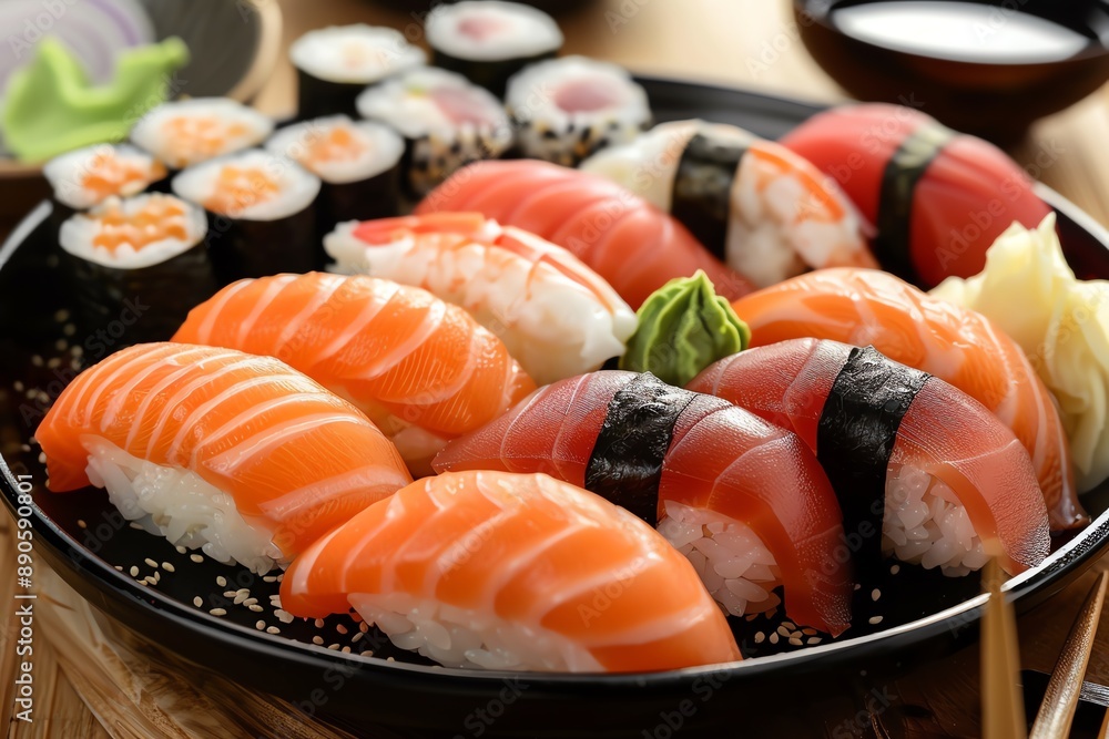 Assortment of fresh sushi rolls and nigiri on a black plate. Assortment of fresh sushi rolls and nigiri on a black plate.