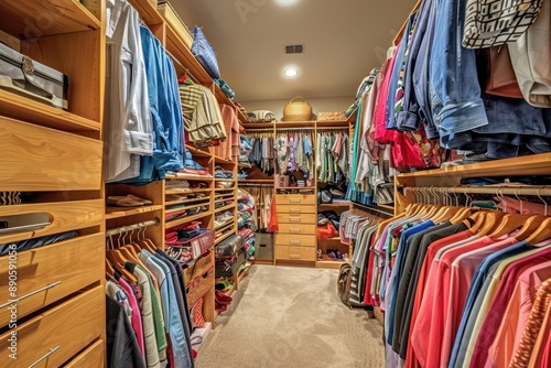 A spacious walk-in closet with neatly arranged clothes, shoes, and accessories