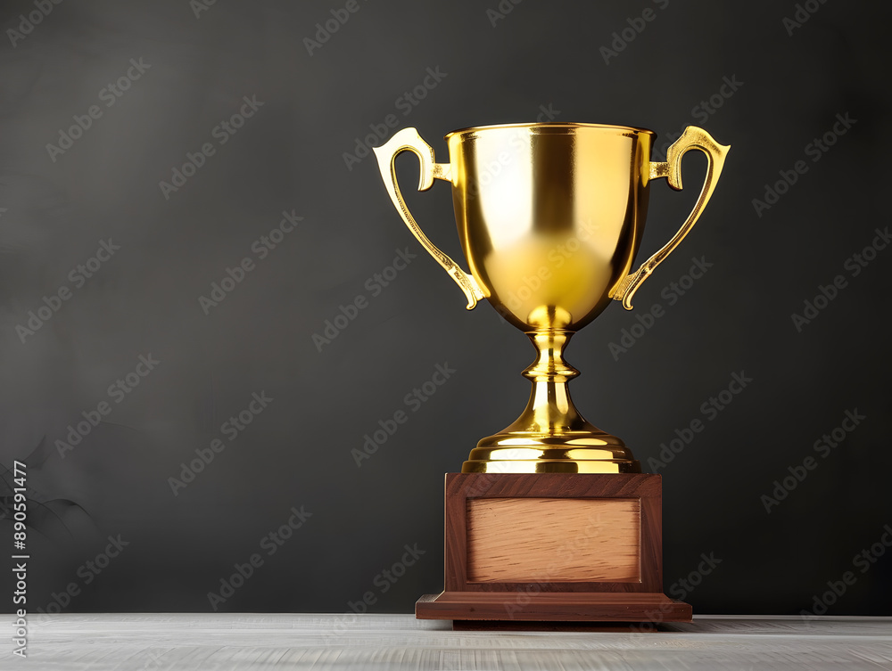 A gleaming gold trophy cup on wooden table against dark background, symbolizes the glory of victory and achievement with copy space for text. A gleaming gold trophy cup on wooden table against dark background, symbolizes the glory of victory and achievement with copy space for text.