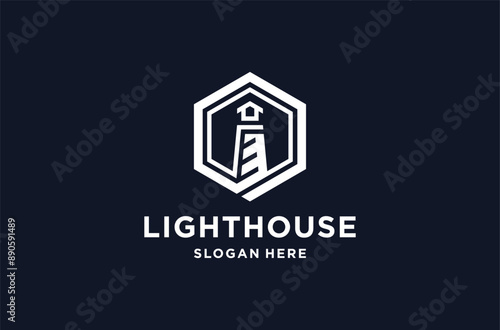 hexagon lighthouse logo mark premium vector