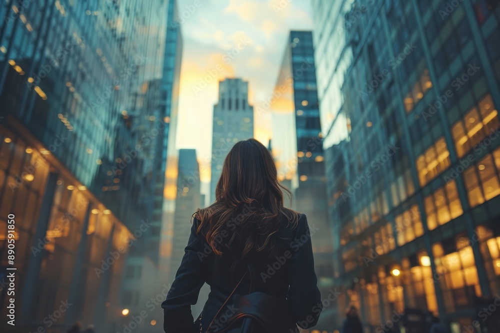 A woman walking with purpose through a modern cityscape A woman walking with purpose through a modern cityscape
