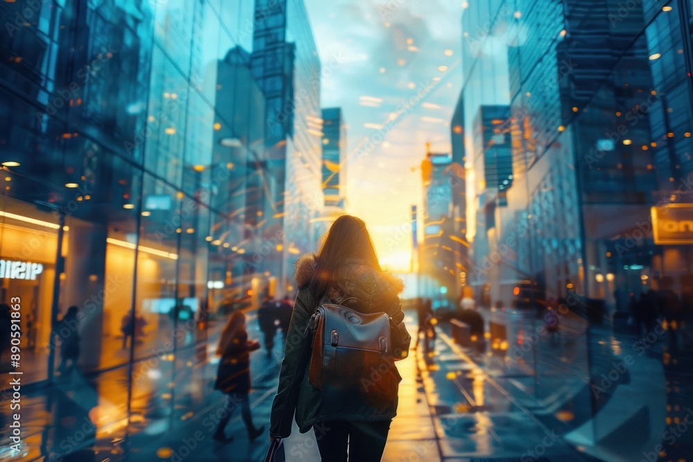A woman walking with purpose through a modern cityscape A woman walking with purpose through a modern cityscape