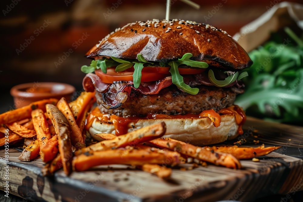 Juicy burger with sweet potato fries, a delicious meal. Juicy burger with sweet potato fries, a delicious meal.