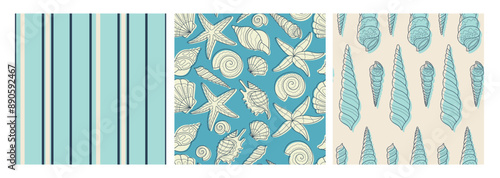 Set with marine seamless patterns. Summer time, sea, underwater, seashels. Hand-drawn vector illustration for wrapping paper, wallpaper, notebook cover.