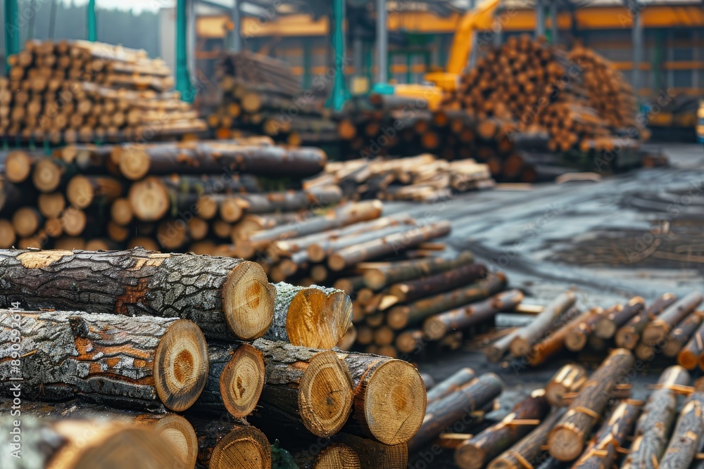 A large yard filled with neatly stacked logs and cut timber, ready for further processing and distribution A large yard filled with neatly stacked logs and cut timber, ready for further processing and distribution