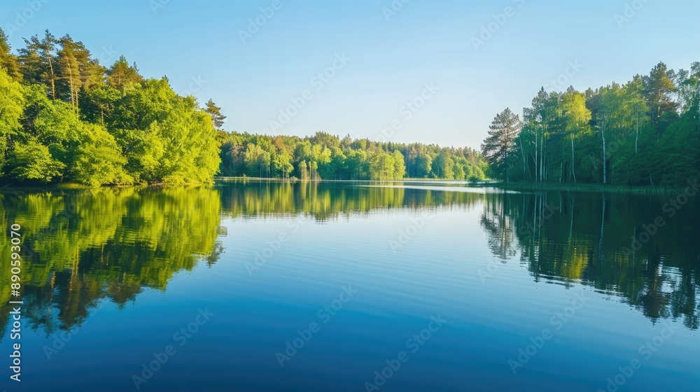 A serene lake reflecting a forested shoreline under a clear sky, perfect for a nature background. A serene lake reflecting a forested shoreline under a clear sky, perfect for a nature background.