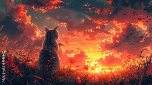 Cat Watching Sunset Amidst Vibrant Sky And Meadow
