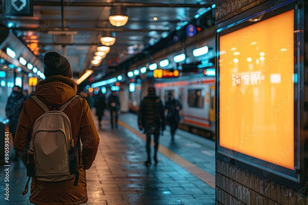 An empty blank billboard or advertising poster in a train station with blurred people An empty blank billboard or advertising poster in a train station with blurred people