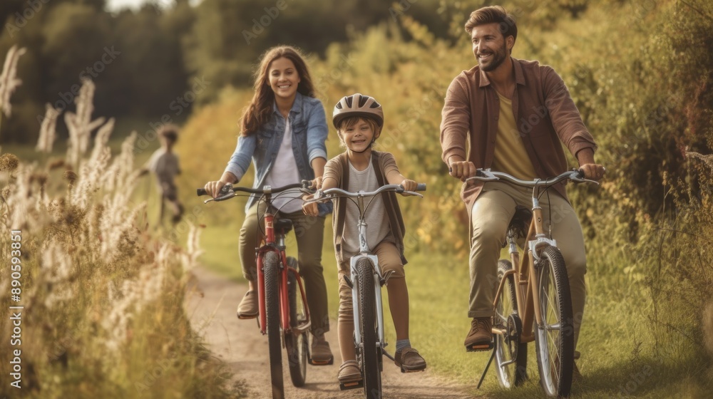 Obraz premium Family bike ride through nature trail