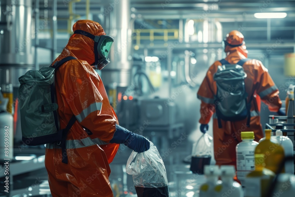 Workers handling toxic substances with proper safety procedures and equipment in plac Workers handling toxic substances with proper safety procedures and equipment in plac