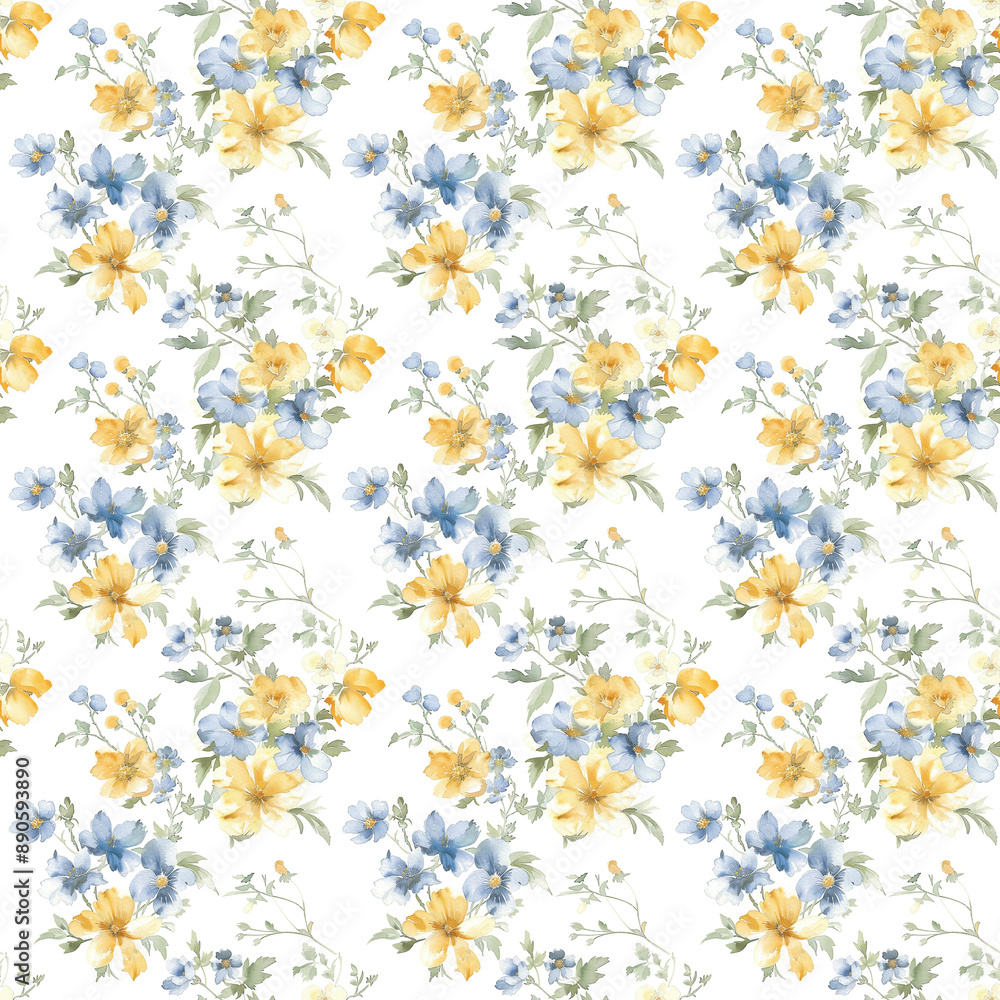 Soft yellow and blue flowers, white background, watercolor. For design decoration Soft yellow and blue flowers, white background, watercolor. For design decoration