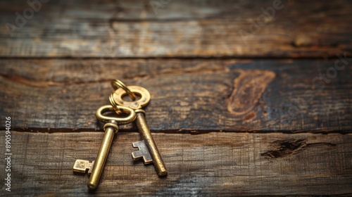 Vintage Keys on Wooden Background.