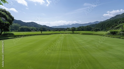 A scenic view of a well-maintained, lush green golf course surrounded by trees and mountains under a clear blue sky with scattered clouds.