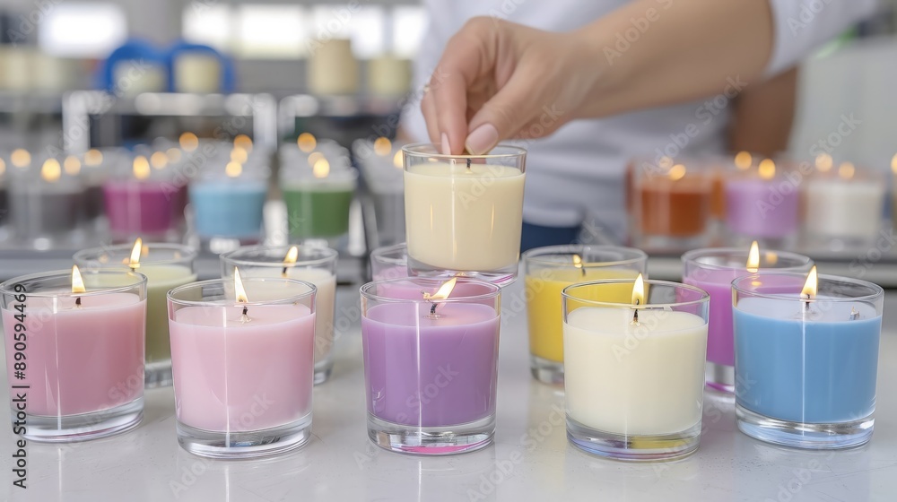 A selection of colorful homemade candles in glass holders, displayed in a cozy and modern setting, with a hand placing one candle among them. A selection of colorful homemade candles in glass holders, displayed in a cozy and modern setting, with a hand placing one candle among them.