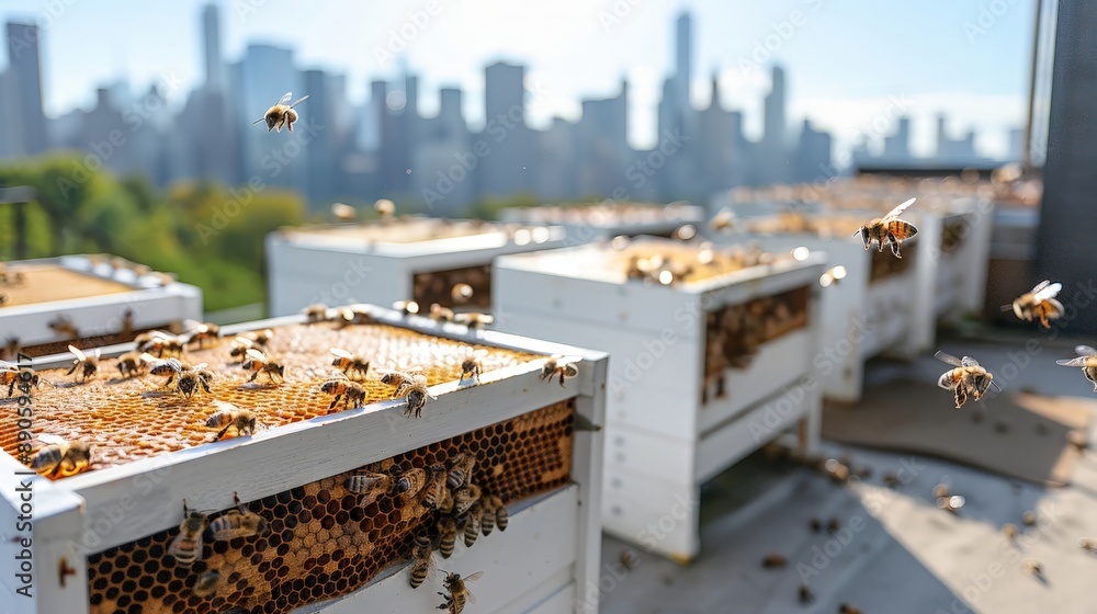 Photo of urban beekeeping with several hives on a rooftop. Honeybees are actively flying around and collecting nectar. The backdrop shows a blurred city skyline.