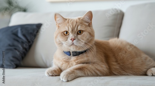 Cute tabby cat sitting on a comfy couch © Netroder