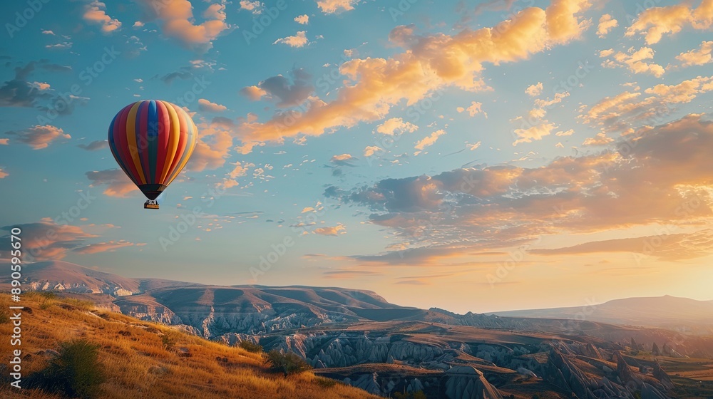 Obraz premium Colorful hot air balloon flying over mountain valley at sunset