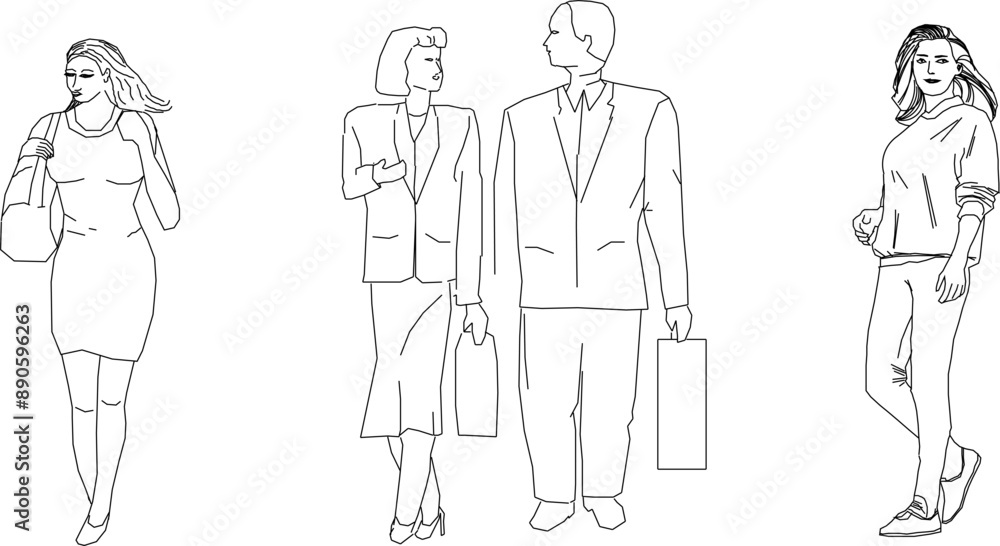 Vector silhouette illustration sketch, detailed design drawing of simple casual people carrying out work activities in formal clothes Vector silhouette illustration sketch, detailed design drawing of simple casual people carrying out work activities in formal clothes