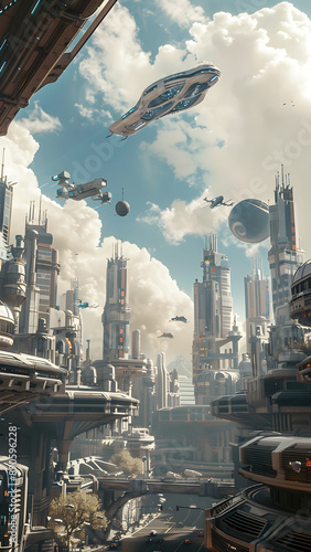 realistic high-resolution photo of futuristic city, with detailed background