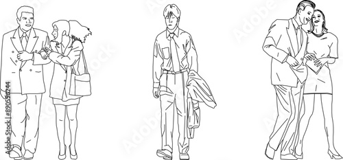 Vector silhouette illustration sketch, detailed design drawing of simple casual people carrying out work activities in formal clothes