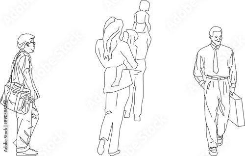 Vector silhouette illustration sketch, detailed design drawing of simple casual people carrying out work activities in formal clothes 