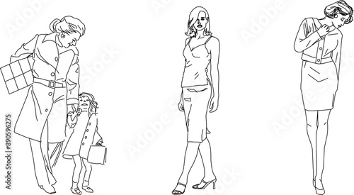 Vector silhouette illustration sketch, detailed design drawing of simple casual people carrying out work activities in formal clothes 