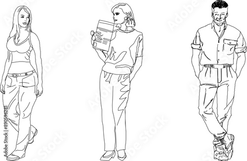Vector silhouette illustration sketch, detailed design drawing of simple casual people carrying out work activities in formal clothes