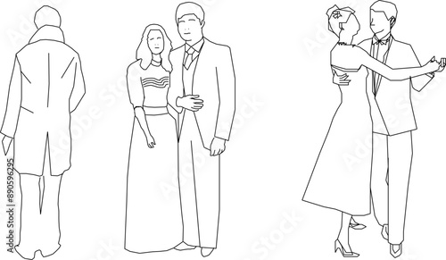 Vector silhouette illustration sketch, detailed design drawing of simple casual people carrying out work activities in formal clothes