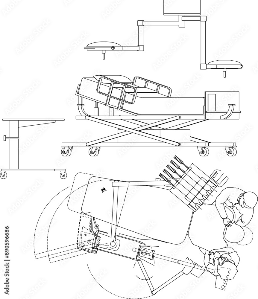 Fototapeta premium Vector silhouette illustration sketch of detailed design of Medical Furniture and Equipment for health clinics and hospitals