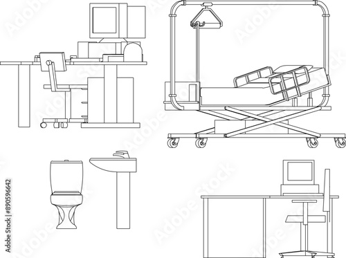 Vector silhouette illustration sketch of detailed design of Medical Furniture and Equipment for health clinics and hospitals