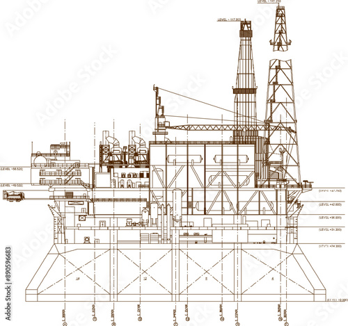 Vector silhouette illustration sketch of detailed design of Oil Platform Elevation building construction for the mining industry