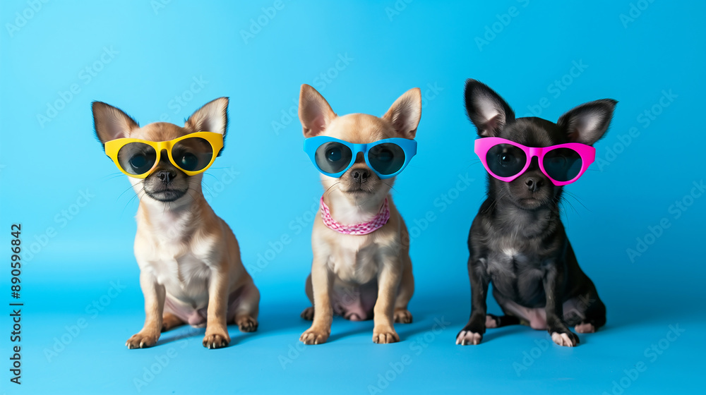 Fototapeta premium Cute little funny dogs wearing colorful sunglasses on blue background