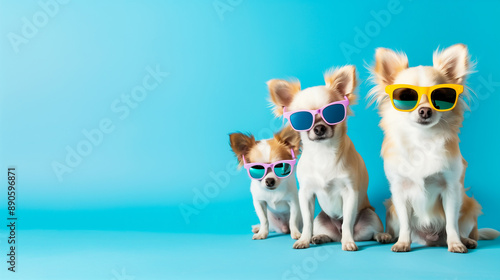 Cute little funny dogs wearing colorful sunglasses on blue background