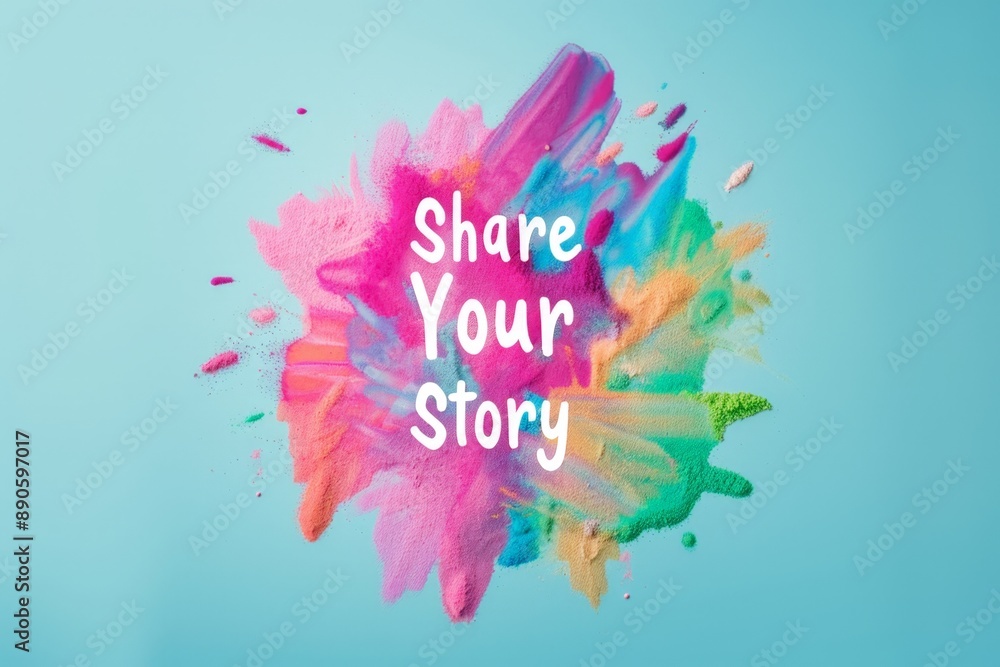 Obraz premium Colorful Powder Explosion with 'Share Your Story' Inspirational Message on Blue Background