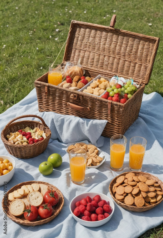 Picnic scene with a wicker basket overflowing with drinks and snacks. Picnic scene with a wicker basket overflowing with drinks and snacks.
