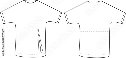 This dress oversize ruched technical drawing features detailed and precise elements, including the ruched design, oversized silhouette, and seam lines. Ideal for fashion designers and garment makers, 