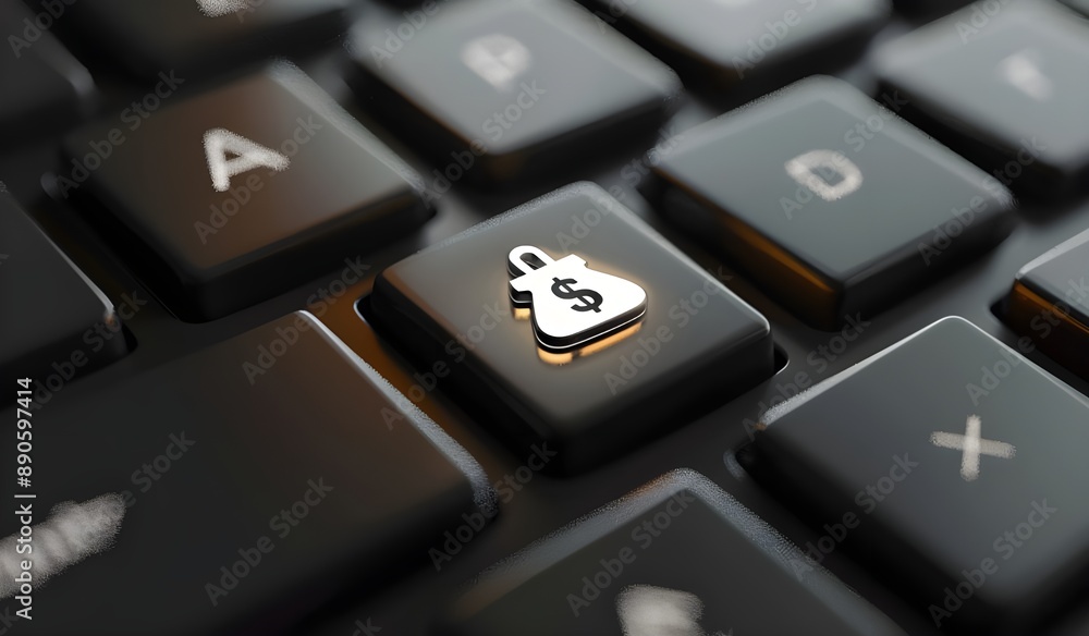 Black keyboard key with white glowing money bag icon and arrow symbol, close-up view on gray background. Black keyboard key with white glowing money bag icon and arrow symbol, close-up view on gray background.