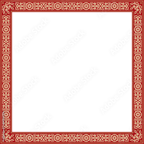 Vector gold and red square Yakut ornament. Infinite rectangle, border, frame of the northern peoples of the Far East.