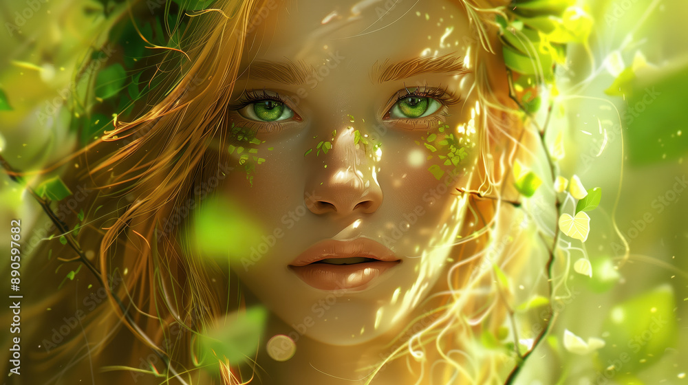 Wonderful beautiful forest fairy woman with green eyes and an impressive gaze hidden scenery, modern realistic design Wonderful beautiful forest fairy woman with green eyes and an impressive gaze hidden scenery, modern realistic design