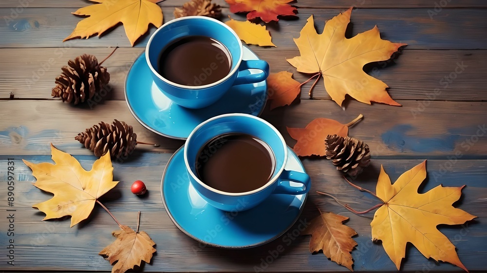 Coffee in blue enameled cups and autumn leaves on wooden desk. Coffee in blue enameled cups and autumn leaves on wooden desk.