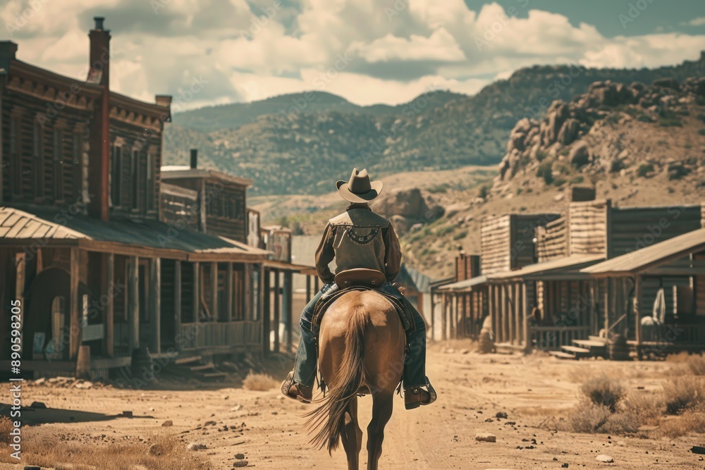 Naklejka premium Back view of cowboy riding on a horse, western movie scene in wild west town