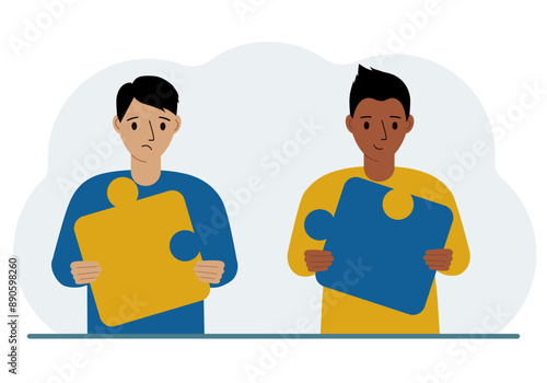 Team metaphor. People putting puzzle pieces together. The concept of teamwork and cooperation. Business concept.