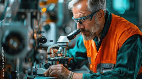 Mechanical engineer conducting a failure analysis on a broken component. The engineer is using microscopes and other analytical tools to determine the cause of the failure. The lab setting is