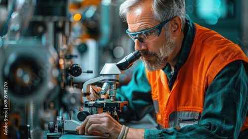 Mechanical engineer conducting a failure analysis on a broken component. The engineer is using microscopes and other analytical tools to determine the cause of the failure. The lab setting is © Thanyaporn