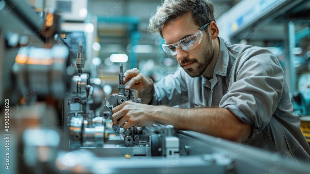 Mechanical engineer adjusting a machine in a high-tech workshop. The engineer is using precision tools to fine-tune the machine's settings. The workshop is well-organized and equipped with various Mechanical engineer adjusting a machine in a high-tech workshop. The engineer is using precision tools to fine-tune the machine's settings. The workshop is well-organized and equipped with various