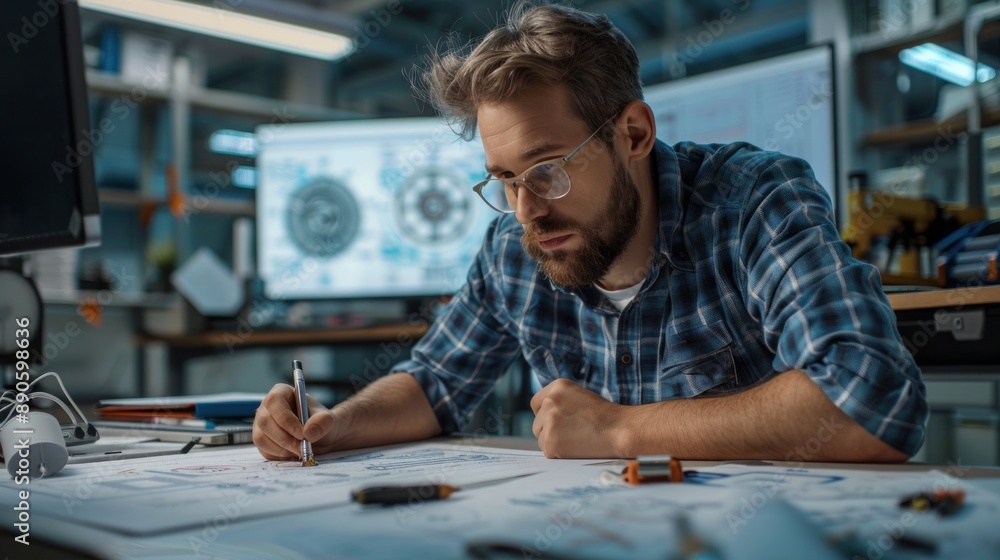 Mechanical engineer reviewing blueprints and technical drawings. The engineer is seated at a desk, carefully examining the details of a mechanical system design. The office setting includes large Mechanical engineer reviewing blueprints and technical drawings. The engineer is seated at a desk, carefully examining the details of a mechanical system design. The office setting includes large