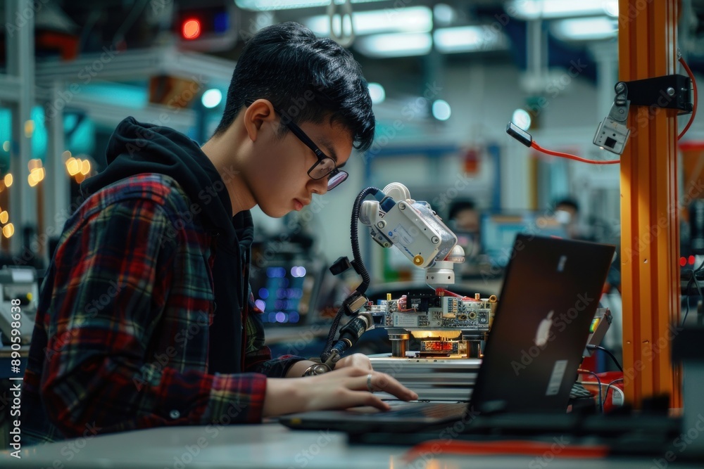 Mechanical engineer programming a robotic system. The engineer is using a laptop to write and test code that controls the robot's movements. The lab environment features various robotic devices and Mechanical engineer programming a robotic system. The engineer is using a laptop to write and test code that controls the robot's movements. The lab environment features various robotic devices and