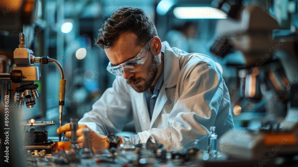 Mechanical engineer conducting a failure analysis on a broken component. The engineer is using microscopes and other analytical tools to determine the cause of the failure. The lab setting is Mechanical engineer conducting a failure analysis on a broken component. The engineer is using microscopes and other analytical tools to determine the cause of the failure. The lab setting is