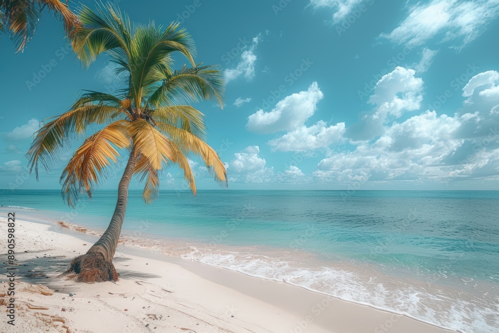 Obraz premium Beautiful palm tree on tropical island beach on background blue sky with white clouds and turquoise ocean