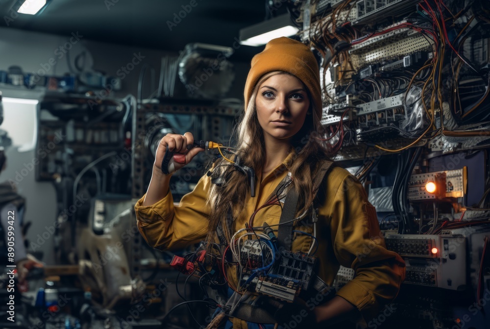 Woman Working in Electronics Service Surrounded by Modern Computers and Cables.Generated image Woman Working in Electronics Service Surrounded by Modern Computers and Cables.Generated image